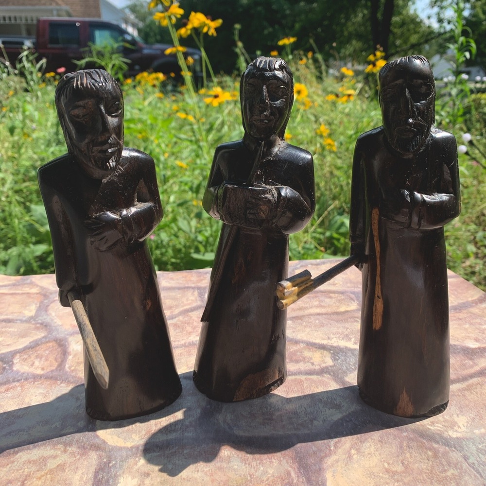 Authentic 3 Vintage Ebony Hand Carved Wood Statues 7 1/2" African Tribal Robes